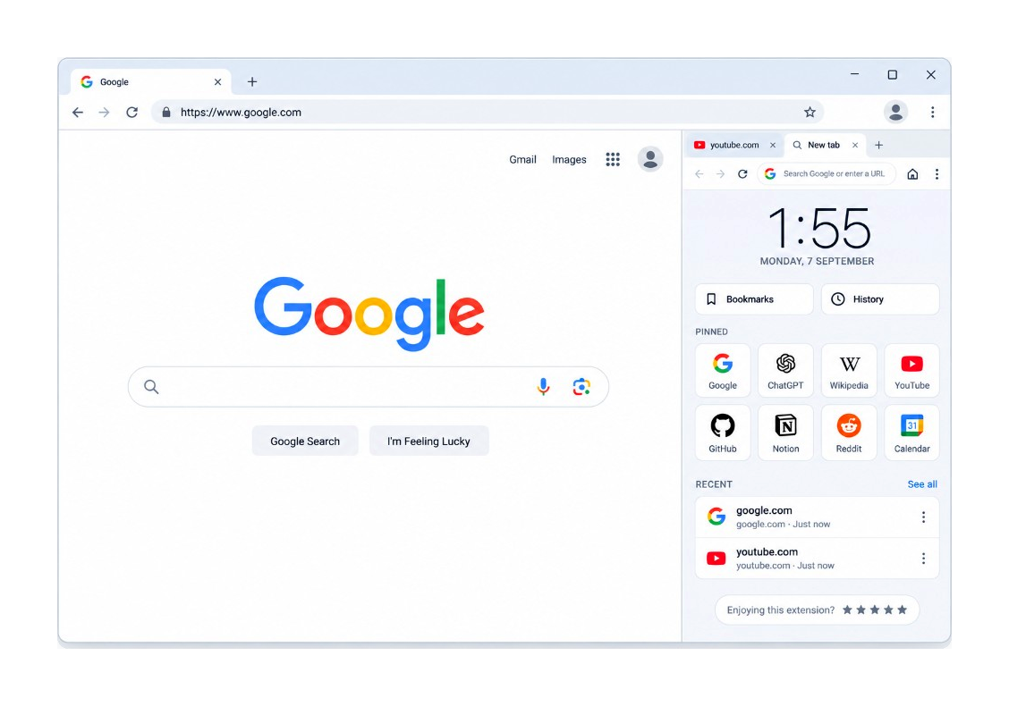 SideView open in Chrome: Google in the main tab, with a sidebar showing the clock, pinned sites, and recent pages.